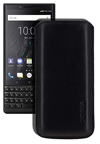 Suncase Original Leder Etui kompatibel mit BlackBerry Key2 LE Hülle Tasche Ultra Slim Ledertasche Schutzhülle Hülle (mit Rückzuglasche) in schwarz