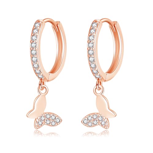Image of Cangall Silver Drop Hoop Earrings for Women, 925 Sterling Silver Butterfly Dangle Hoop Earrings, Hypoallergenic Small CZ Cartilage Cuff Sleeper Hoop Earrings Rose Gold with Dainty Butterfly Dangling