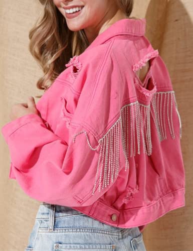 Joiemont Womens Denim Jacket With Fringe Rhinestones Long Sleeve Distressed Ripped Denim Jackets With Pockets(0025-Pink-S) #TOP4