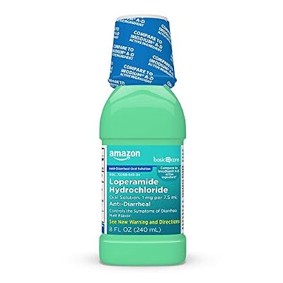 Amazon Basic Care Loperamide Hydrochloride Oral Solution, 1 mg per 7.5 ml, Anti-Diarrheal Medicine, Anti-Diarrhea Medicine For Kids and Adults 12 Years and Over, Mint, 8 Fluid Ounces (Pack of 1)