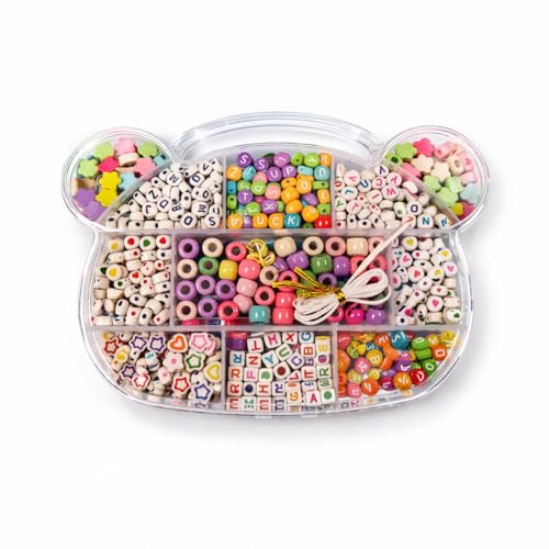 Kit de Miçangas Coloridas com Estojo Organizador em Formato de Ursinho, Letras e Formas Variadas, para Pulseiras e Colares