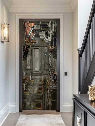 FLFK 3D Türtapete selbstklebend - Raumschiff-Kabine mit Strahlern Türtapete Wandbilder- Mauer Aufkleber - Wasserdicht TürPoster für Zuhause Dekor 77x200cm