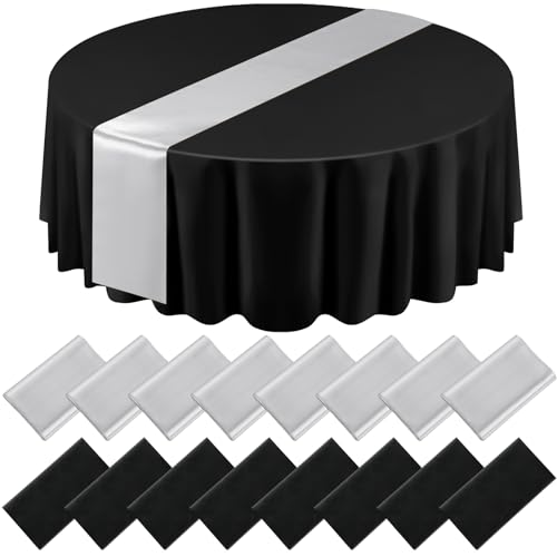 Tudomro 16 Pcs Black and Silver Round Plastic Tablecloth and