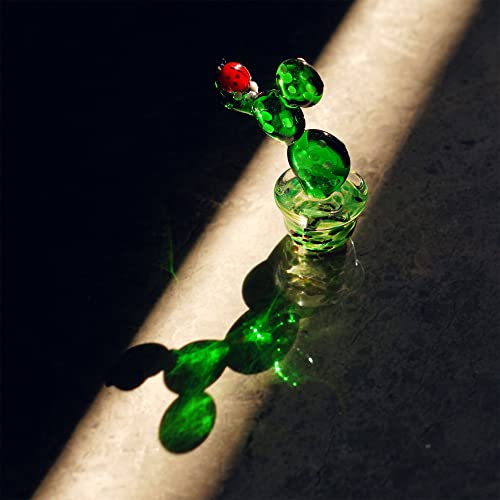 Qfkris 2.3'' Tall Mini Green Cactus With Ladybug Figurine Collectibles Hand Blown Bonsai Statue Ornament Glass Art Simulation Plants Sculpture For Home Garden Decor #TOP3