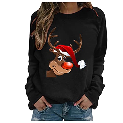Christmas Women Tops Cute Reindeer Print Casual Loose Long Sleeve Crewneck Sweaters Sweatshirt Holiday Pullover Tops