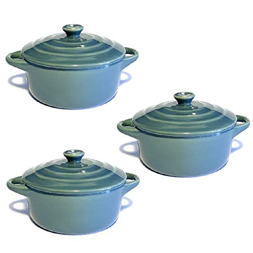 Hobby Tech Lot de 3 Mini Cocottes Grises Céramique Double Poignées avec Couvercle 13,5cm x 8cm Contenance Moule 200ml Ramequin Résistant Haute Température Four pour Petits Plats (Grise, Lot de 3)