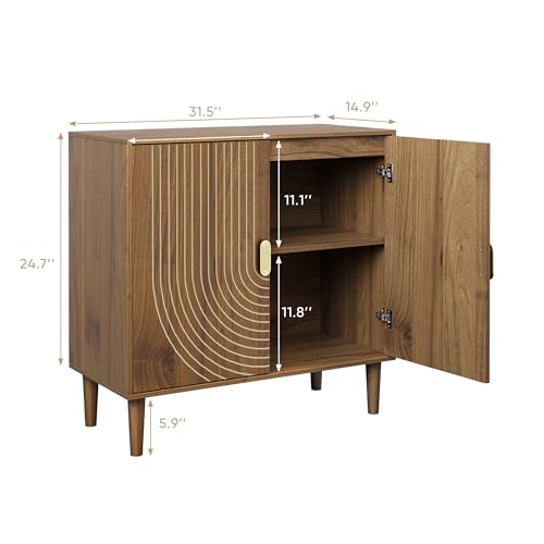 Smuxee Walnut Sideboard Cabinet, Freestanding Buffet Cabinet with Line Groove Design, Wood Storage Cabinet with Adjustable Shelf for Living Room, Entryway, Hallway - Image 3