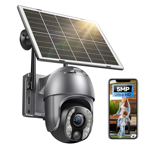 Image of SEHMUA Security Cameras Wireless Outdoor with 5MP Resolution, 10x Optic Zoom, 360 Panoramic View, 10400mAh Battery, Solar Powered, Color Night Vision, PIR Detection, IP65 Watherproof for Home (Grey)