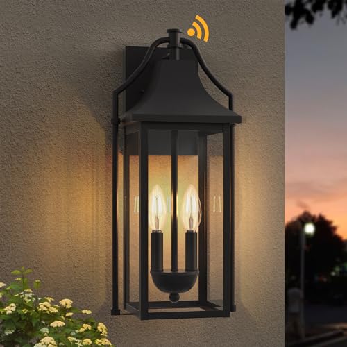 Lawyettle 𝟏𝟖𝑰𝑵 Outdoor Wall Sconce Fixture, Dusk to Dawn Patio Lights Waterproof Exterior Lanterns, 2-Light Modern Wall Light Mounted with Glass, Black Outside Lights for House Front Door Entryway