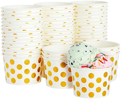 50-Pack Paper Ice Cream Cups for Frozen Yogurt, Sundae Bar, Parfaits, Treats, Diners, Restaurants, Bakeries, Disposable Dessert Bowls with Gold Foil Polka Dots (8 oz)