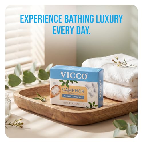 Image of Vicco Camphor Bathing Bar | Bathing Soap for Sooothing, Moisturizing, Hydrating and Skin Brightening | Suitable for All Skin Types | Men and Women, 100 gm Each Pack of 2