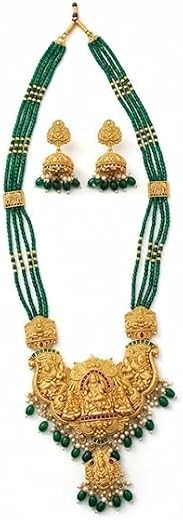 Luxe Jewel Lakshmi Temple Jewellery Set for Women – Gold-Plated Bridal Haram Necklace with Green Beads &amp; Matching Jhumka E...