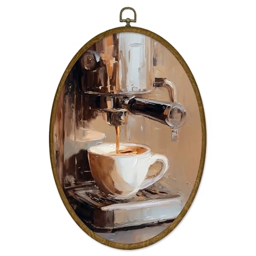 ODFGBDS Vintage Coffee Bar Oval Wall Art Decor, Farmhouse Kitchen Canvas Wall Art Framed, Coffee Machine Oval Hanging Decorations for Home Kitchen Dining Room Cafe Bar Decor, 8.6x11.4 Inch