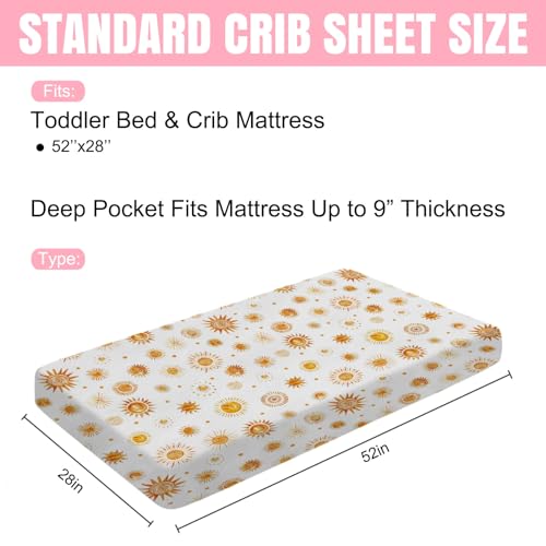 Image of Watercolor Suns Totem Baby Crib Sheets 52''x28'' Boho Sunshine Stretchy Fitted Crib Mattress Covers for Boy Girl Golden Suns Soft Nursery Baby Bed Sheets for Standard Crib and Toddler Mattress