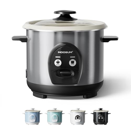 MOOSUM 3-Cup Uncooked Rice Cooker Small - Ceramic Coating Non-Toxic Inner Pot, One-Touch Multifunction for Rice/Sauté/Yogurt, Dishwasher Safe, 1-3 People Size, Stainless Steel