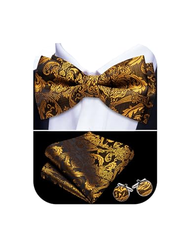 Image of Barry.Wang Paisley Striped Bow Tie for Men Silk Pre-Tied Bowtie Pocket Square Cufflinks Set Formal Wedding Party Prom