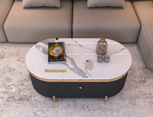 Image of Premium Marble-Top Center Table with One Storage Door and PVD Coated lron Legs and Coffee Table with Oval Design for Living Room and Entryway [ Modern coffee table ] ,42x24x18 Inch, (Black)
