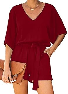 Jug&Po Women's Casual High Waist Beach Short Sleeve Loose Rompers with Bow Belt