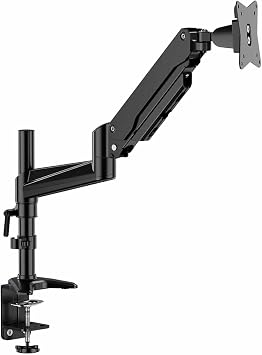 Gas Spring, Motion Desk Mount with Pole for Single Monitor 13-34", 3 Installation Options, Height Adjustment with Swivel and Tilt Motions, Cable Management. Weight Capacity 17 lbs. Model ERDGM1-01B