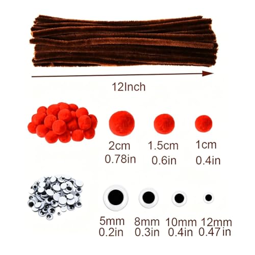 300 Pcs Christmas Brown Pipe Cleaners Set Including 100Pcs Brown Chenille Stems, 100Pcs Self-Sticking Wiggle Googly Eyes and 100Pcs Red Pompoms for Christmas Reindeer Crafts - Image 3