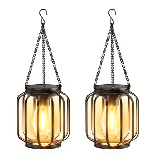 BUCASA solar lampen voor buiten opknoping, 2 stuks metalen solar lantaarns voor buiten met grotere LED-lamp, IP65 waterdichte solarlampen tuindecoratie met haak en ketting (Cilindrisch zwart, 2 Pack)