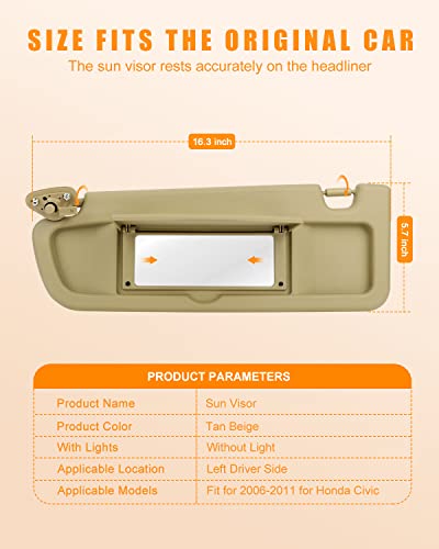 Ocpty Left Driver Side Tan Beige Sun Visor Without Sunroof Fit For 2006 2007 2008 2009 2010 For Honda Civic (83280-Sna-A01Zb) #TOP3