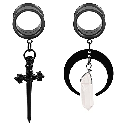 Atomhole Ear Gauge Double Flared Ear Plug With Cross Pendant Natural Crystal Expansion Stretcher Tunnel Perforation Body Jewelry 316 Stainless Steel Ear Gauge Perforation Plug (25Mm(1")) #TOP10
