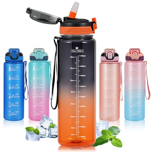 SEASEVEN 1L Water Bottle with Straw,Plastic Drinks Bottle,1 Litre Sports Water Bottles with Time Markings,Girls Boys Waterbottle Leak-Proof & Bpa-Free for Gym,Cycling, Office (Black-Orange)