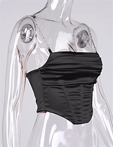 L'vow Women's Sexy Ruched Push Up Satin Bustier Backless Boned Spaghetti Strap Corset Crop Top(Black,Xl) #TOP7