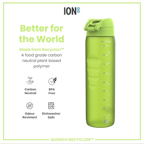 ion8 1 Liter Trinkflasche, 1000ml, Auslaufsicher, Einhandöffnung, Sichere Verriegelung, Spülmaschinenfest, BPA-frei, Tragegriff, Leicht zu Reinigen, Ideal für Sport und Fitnessstudio, Grün