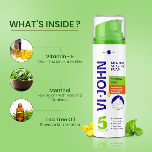 Image of VI- JOHN Shaving Foam For Men, Menthol Shaving Foam With Goodness of Nature, Tea Tree Oil, Vitamin E Enriched and Anti- Bacterial Formula (200GM, Pack of 1)