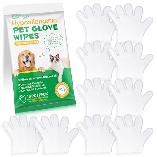 Image of Pet Glove Wipes UNSCENTED for Dogs and Cats No-Rinse, Deodorizing, Grooming Gloves for Paws, Face, Butt, and Legs, Portable Travel-Friendly, Family Stockpile, 10 PCS Hypoallergenic Wipes