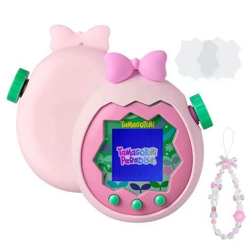 Seltureone for Tamagotchi Paradise Case with Cute Charm Lanyard and Two Screen Protectors, Scratch-Resistance Soft Silicone Bow Cover for Tamagotchi Paradise - Soft Pink