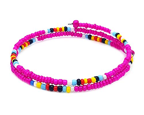 Mia Jewel Shop Native American Inspired Tribal Seed Beaded One Size Fits All Memory Wire Wraparound Thin Bangle Bracelet - Womens Fashion Handmade Jewelry Boho Accessories (Hot Pink)