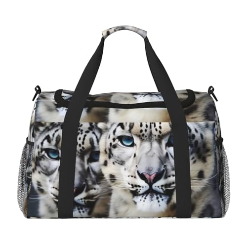 Travel Duffel Bag Lightweight Waterproof Carry On Tote Bag Foldable Weekender Overnight Bags Blue Eyed Snow Leopard Sport Gym Bag For Women Men