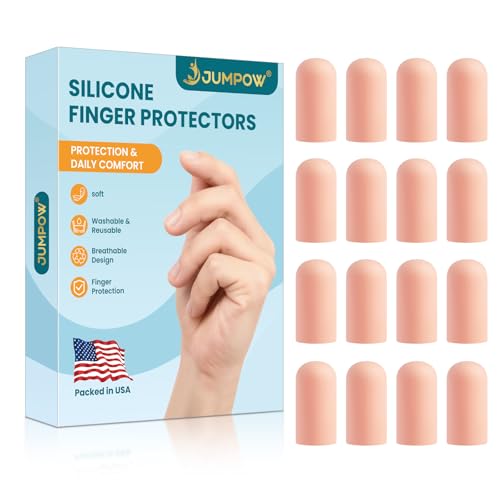 JUMPOW Gel Finger Cots Protectors, Silicone Finger Covers Caps Sleeves Flexible Shields for Fingertip Thumb Protection, Arthritis, Rubbing, Cracking, Hangnail & Pain Relief (Complexion, M, 16PCS)