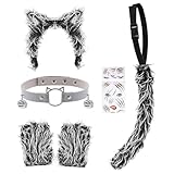 Disfraz De Lobo 5 Piezas,Diadema Con Orejas De Lobo Traje De Gris Oscuro Con Corbata,Orejas De Lobo y Cola,Para Halloween Carnaval Festival Fiesta Show Cosplay (D)