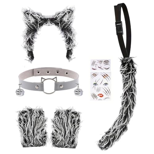 Fato de lobo 5 peças, diadema com orelhas de lobo fato de cinzento escuro com gravata, orelhas de lobo e cauda, para o Halloween carnaval festival festa Show Cosplay (D)