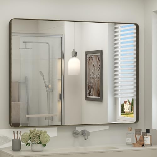 CHARMOR Bronzen badkamerspiegel, geborsteld metaal, badkamerspiegel voor muur, afgeronde hoek bronzen rechthoekige spiegel voor boerderij, slaapkamer, roestwerend (horizontaal/verticaal)