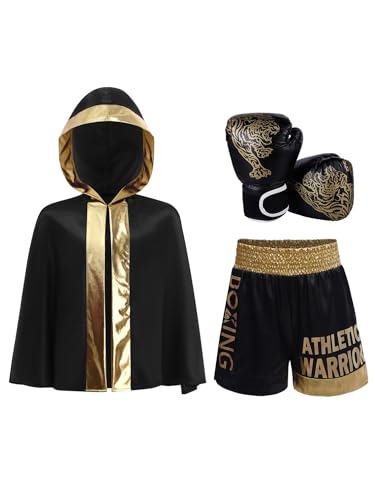 MSemis Completo da Allenamento da Pugile Bambino e Ragazzo Set di Muay Thai MMA Kick Boxing Arti Marziali Pantaloncini Kick-Thai + Accappatoio + Guantoni Tracksuit Oro nero A 13-14 anni
