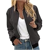 EMATOP Bomberjacke Damen Casual Langarm College Jacke Leichte Elegant Fliegerjacke Einfarbig Bequem Pilotenjacke Zip Up Übergangsjacke mit Taschen Sportjacke Locker Lässig Bikerjacke Outwear