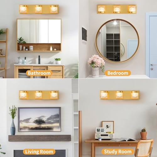 Image of WILON 3-Light LED Vanity Wall Sconce, Gold Bathroom Lighting Fixture | 3 Color Dimmable, Modern Farmhouse, Striped Glass Shade, for Bedroom Living Room Hallway Mirror Vanity, Bulbs Not Included