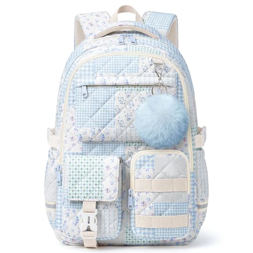 shiprabags Quilted Backpack for Teen Girls,Cute Blue Patchwork School Backpack