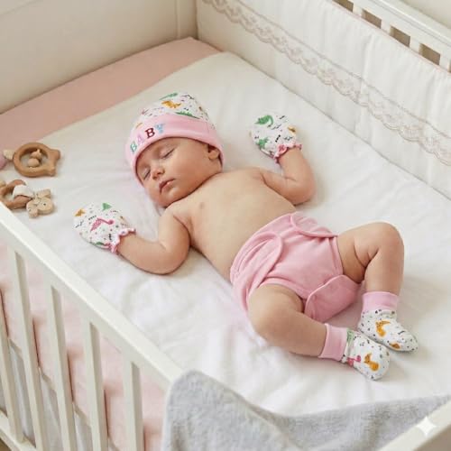 Image of First Kick Baby Mitten Booty Cap Set - 3 Sets (Multicolour) Mittens for New Born Baby 0-3 Months| Useful Baby Shower Gift | Pocket-Friendly | Infant Apron | Soft New Born Cotton
