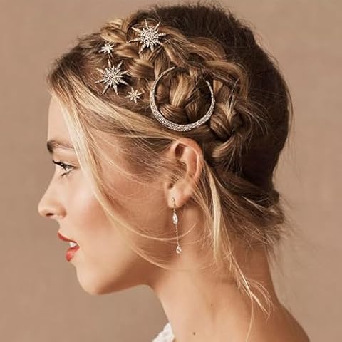 Bartosi Rhinestone Moon Hair Clips Star Hairpins Crystal Decorative Bobby Pins Retro Bride Wedding Hair Pins Side Clip Hair Accessories for Women and Girls (Pack of 3) (Bronze) Cover