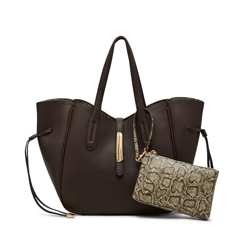 Anne Klein Womens Large Tote with Convertible Strap, Espresso/Snake-Brown Tonal2