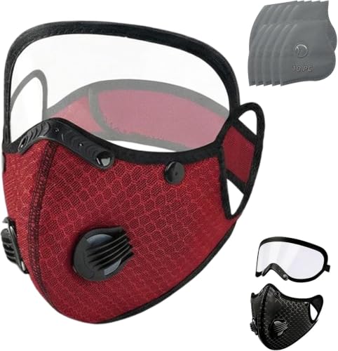 Generico Maschera Antipolvere Riutilizzabile con Filtro al Carbone Attivo e Occhiali protettivi Regolabili, Filtro a 5 Strati, con 10 filtri, progettata per Il Ciclismo all’Aperto (Rosso Vino)
