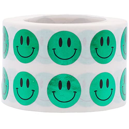 Metallic Green Happy Face Labels 0.50 Inch 1,000 Total Adhesive Stickers #TOP10
