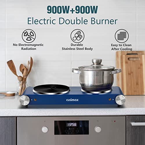 Hot Plate, Cusimax Double Burner, 1800W Electric Cooktop, Cast Iron Hot Plate For Cooking, Portable Electric Stove, Stainless Steel Countertop Burner, Easy To Clean, Blue #TOP3