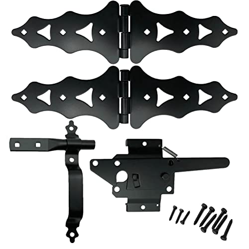 Wood Gate Hinges (Traditional), Latch - Wood Fence Single Gate Kit, 8" Strap Gate Hinges, Gate Latch Opens From Both Sides - Wood Gate Hardware Black #TOP23